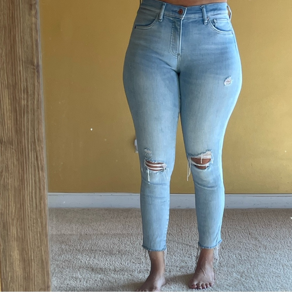 Express Light Blue Distressed Ankle Skinny Jeans